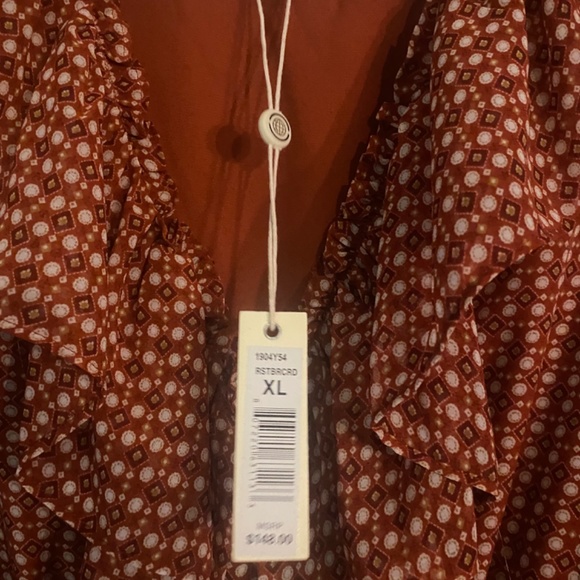 New Max Studio Burnt Orange Flutter Neckline Tiered Lined Midi Dress - Picture 3 of 3